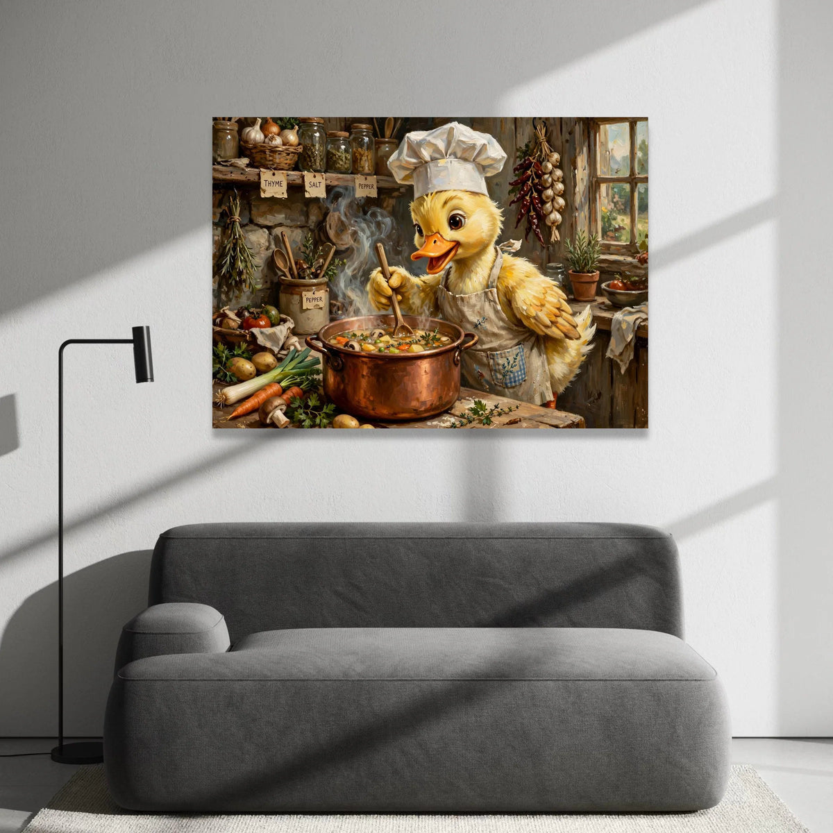 Cute Duck Chef Cooking Soup Canvas, Kitchen Wall Art, Whimsical Animal Canvas, Rustic Home Decor, Cooking Scene Painting Canvas Print Art