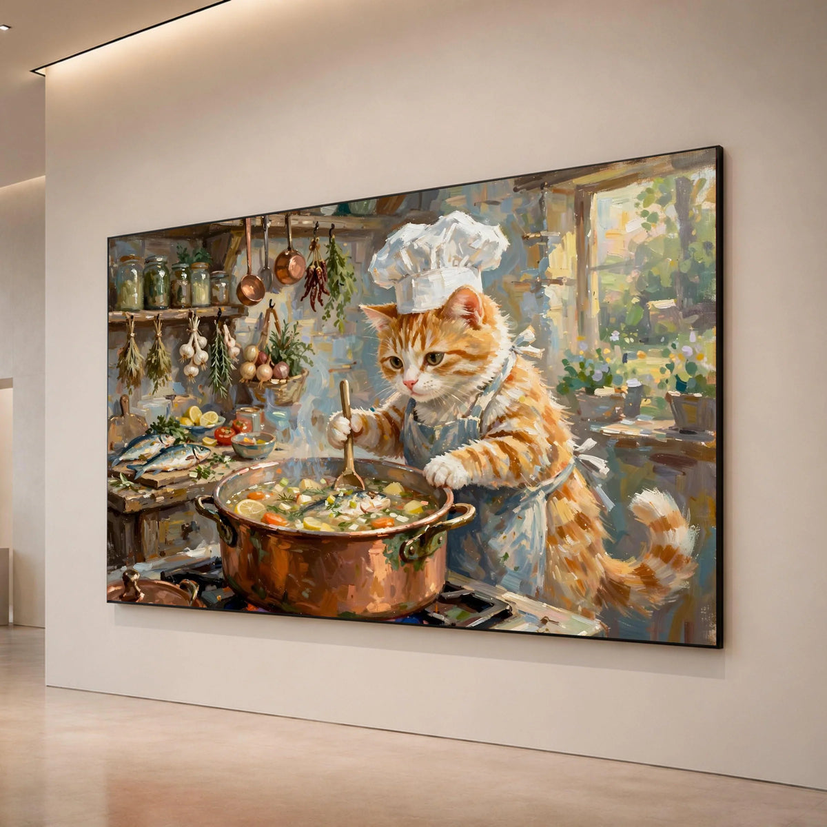 Whimsical Cat Chef Cooking Canvas, Kitchen Wall Art, Cute Animal Painting, Culinary Home Decor, Playful Cat Artwork Canvas Print Art