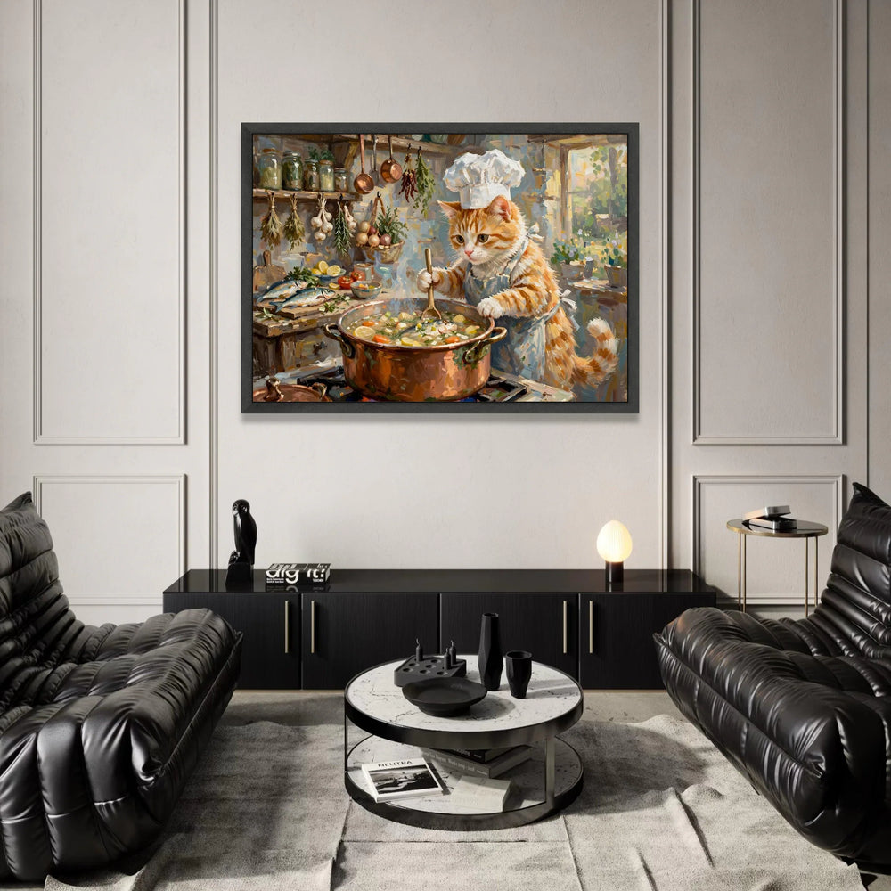 Whimsical Cat Chef Cooking Canvas, Kitchen Wall Art, Cute Animal Painting, Culinary Home Decor, Playful Cat Artwork Canvas Print Art