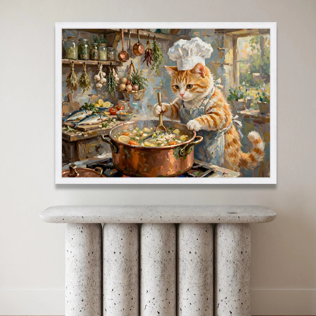 Whimsical Cat Chef Cooking Canvas, Kitchen Wall Art, Cute Animal Painting, Culinary Home Decor, Playful Cat Artwork Canvas Print Art