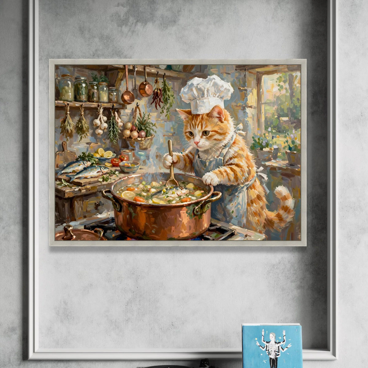 Whimsical Cat Chef Cooking Canvas, Kitchen Wall Art, Cute Animal Painting, Culinary Home Decor, Playful Cat Artwork Canvas Print Art