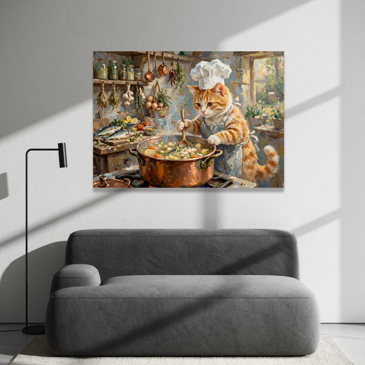 Whimsical Cat Chef Cooking Canvas, Kitchen Wall Art, Cute Animal Painting, Culinary Home Decor, Playful Cat Artwork Canvas Print Art