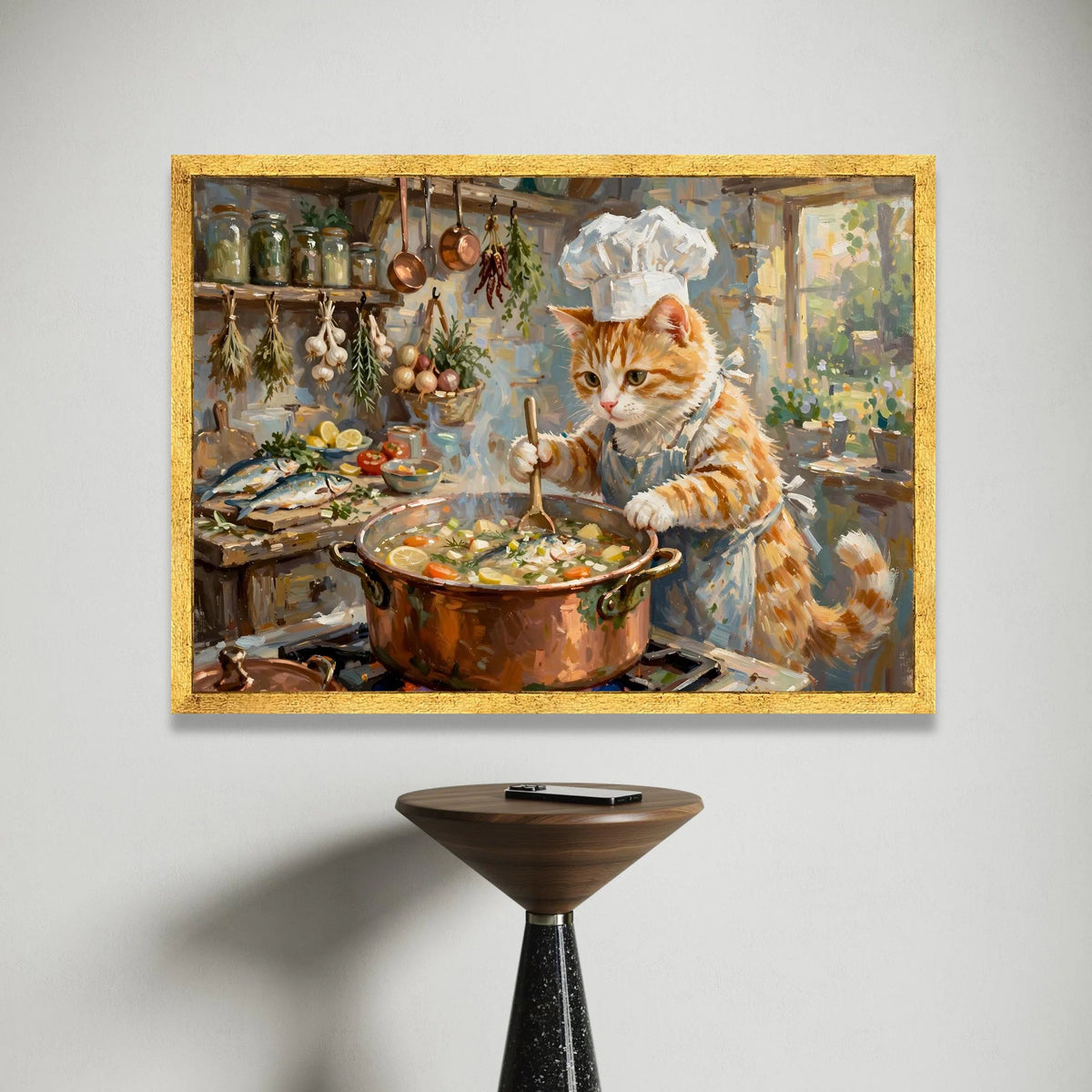 Whimsical Cat Chef Cooking Canvas, Kitchen Wall Art, Cute Animal Painting, Culinary Home Decor, Playful Cat Artwork Canvas Print Art