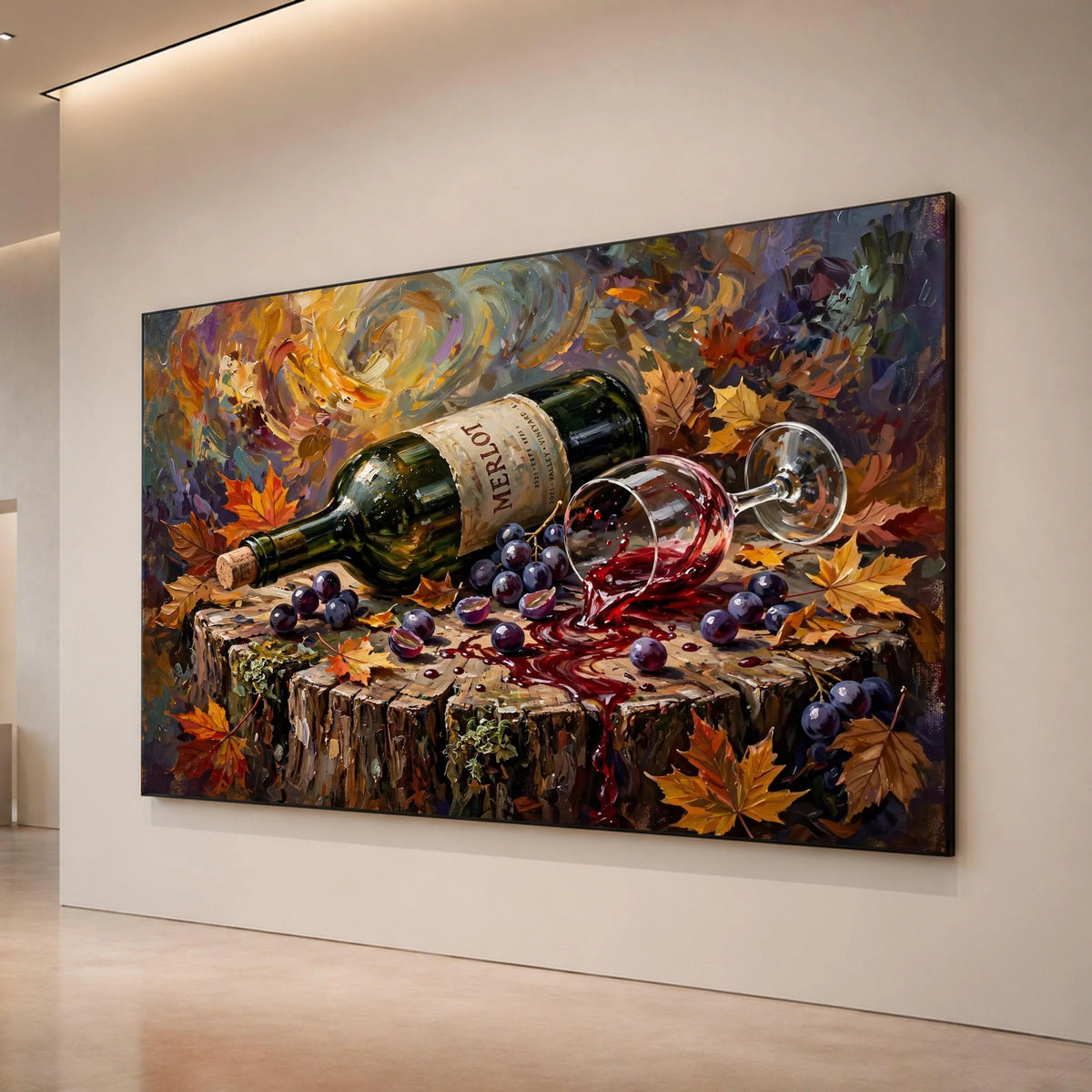 Autumn Wine Spill Canvas, Harvest Leaves Wall Art, Merlot Bottle and Grapes Decor, Rustic Wood Stump Painting, Fall Canvas Print Art