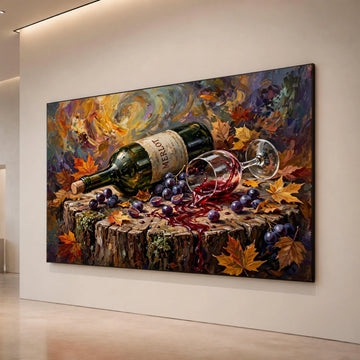 Autumn Wine Spill Canvas, Harvest Leaves Wall Art, Merlot Bottle and Grapes Decor, Rustic Wood Stump Painting, Fall Canvas Print Art
