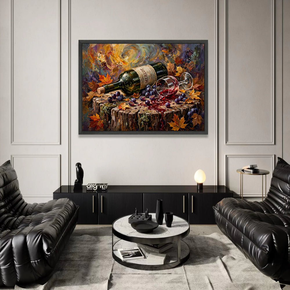 Autumn Wine Spill Canvas, Harvest Leaves Wall Art, Merlot Bottle and Grapes Decor, Rustic Wood Stump Painting, Fall Canvas Print Art