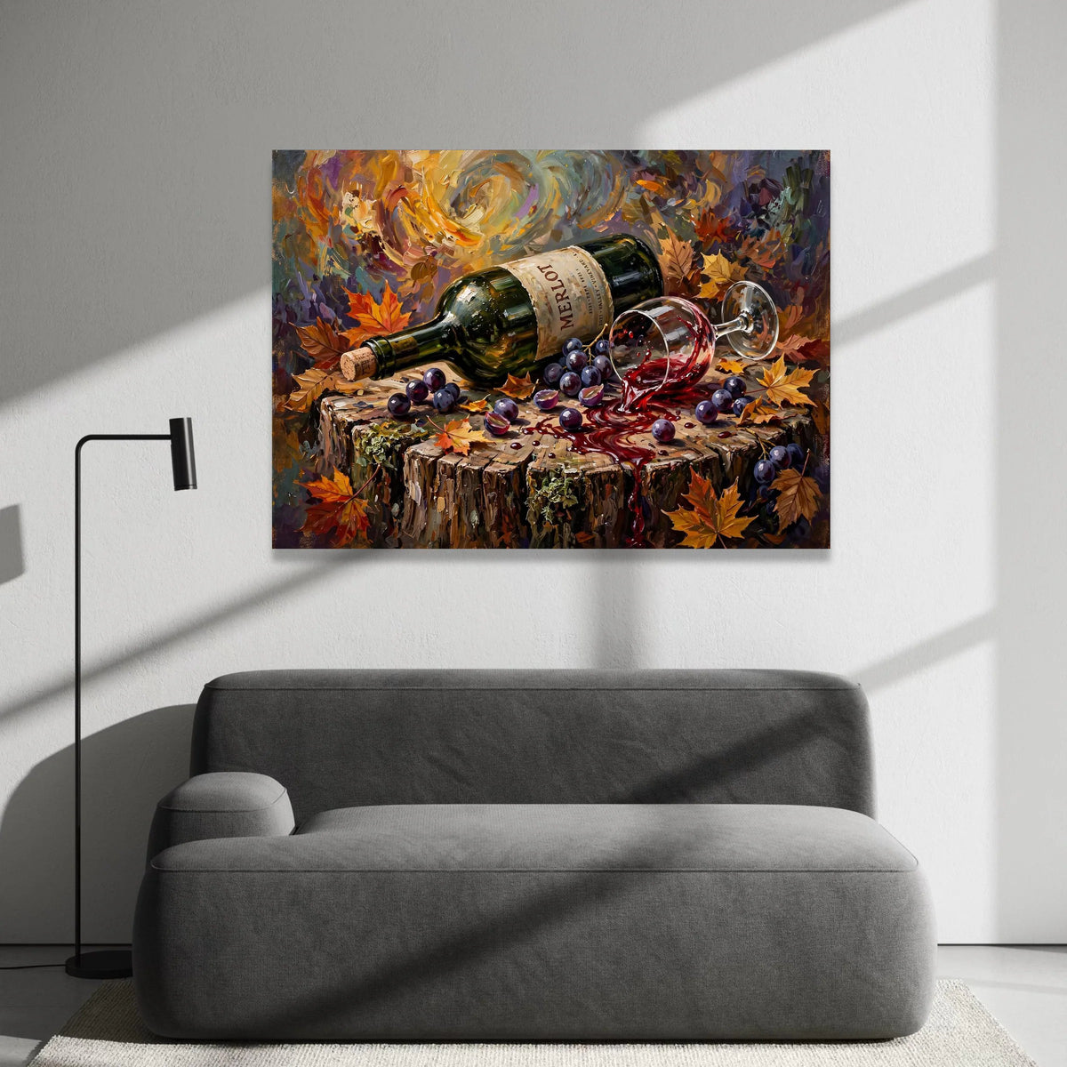 Autumn Wine Spill Canvas, Harvest Leaves Wall Art, Merlot Bottle and Grapes Decor, Rustic Wood Stump Painting, Fall Canvas Print Art