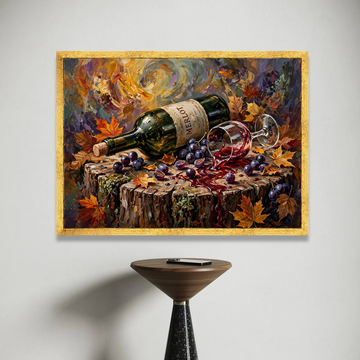 Autumn Wine Spill Canvas, Harvest Leaves Wall Art, Merlot Bottle and Grapes Decor, Rustic Wood Stump Painting, Fall Canvas Print Art
