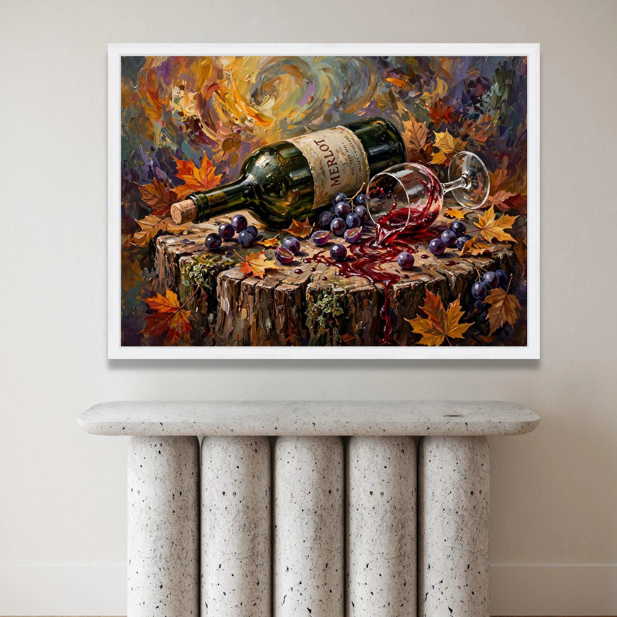 Autumn Wine Spill Canvas, Harvest Leaves Wall Art, Merlot Bottle and Grapes Decor, Rustic Wood Stump Painting, Fall Canvas Print Art