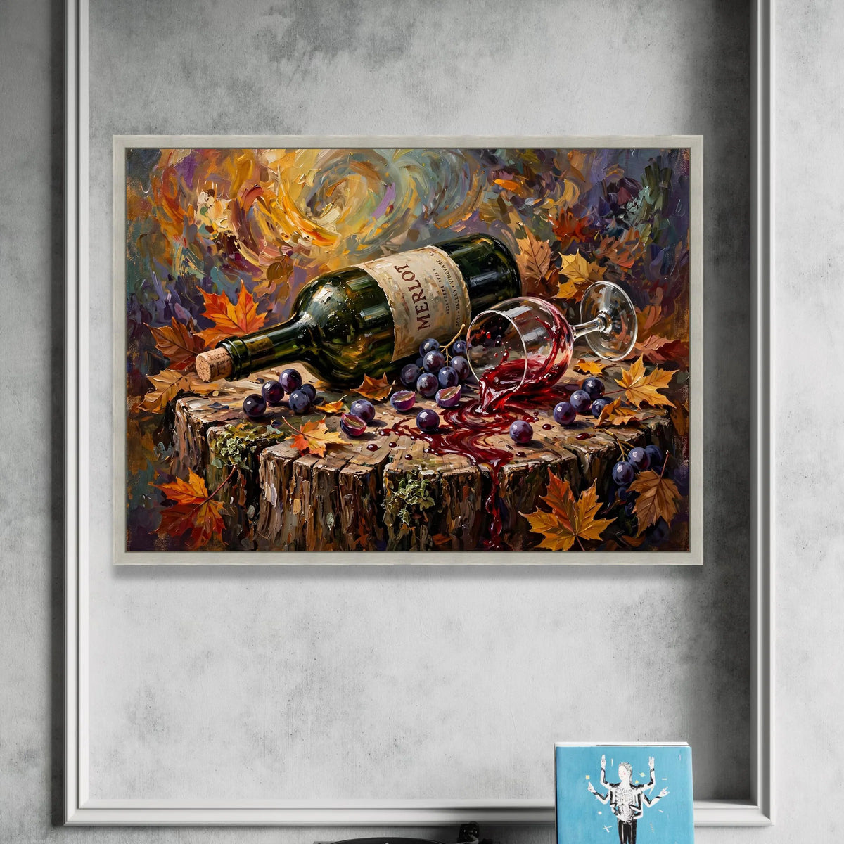 Autumn Wine Spill Canvas, Harvest Leaves Wall Art, Merlot Bottle and Grapes Decor, Rustic Wood Stump Painting, Fall Canvas Print Art
