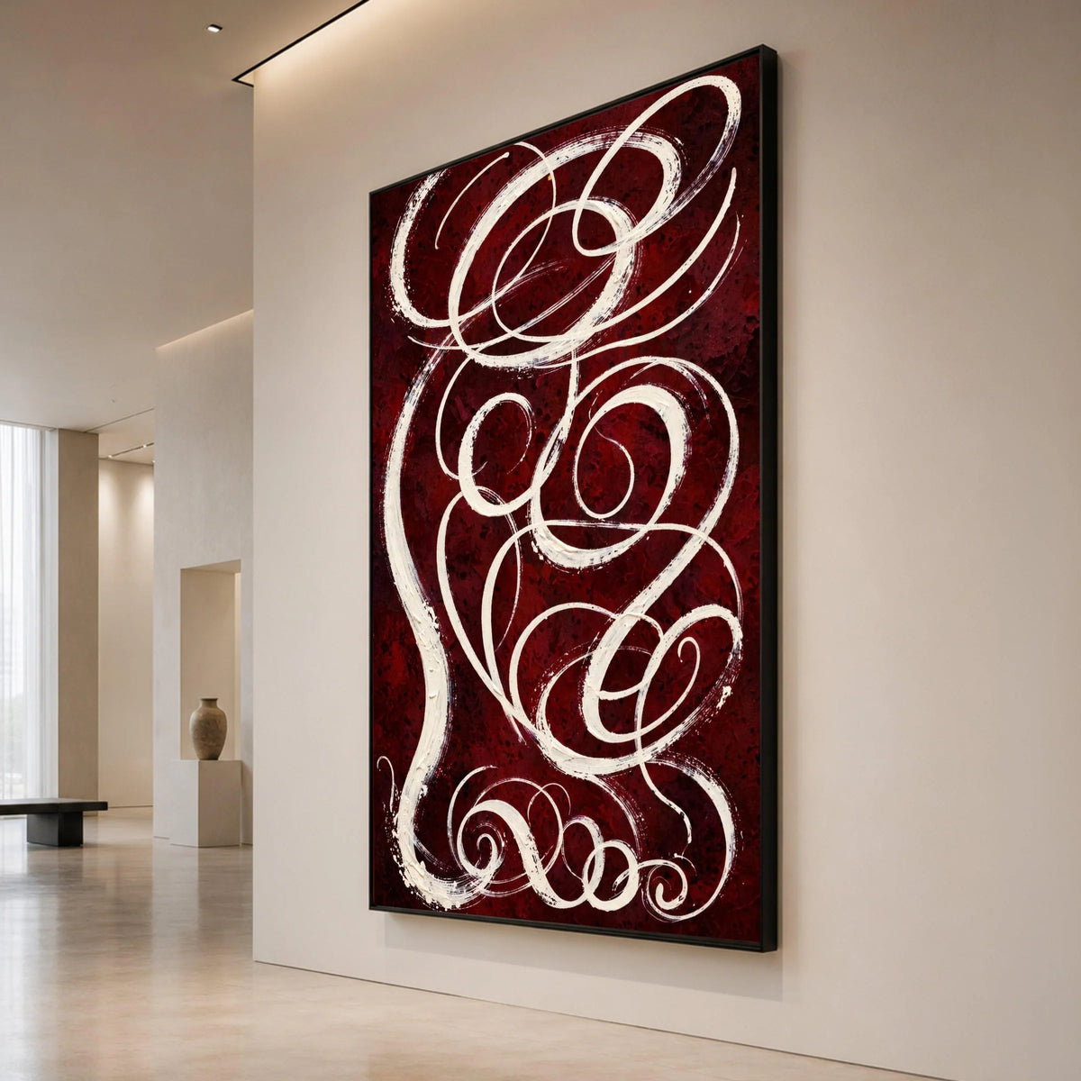 Elegant White Swirls on Burgundy Canvas, Abstract Wall Art, Modern Home Decor, Curved Line Design, Ready to Hang Canvas Canvas Print Art