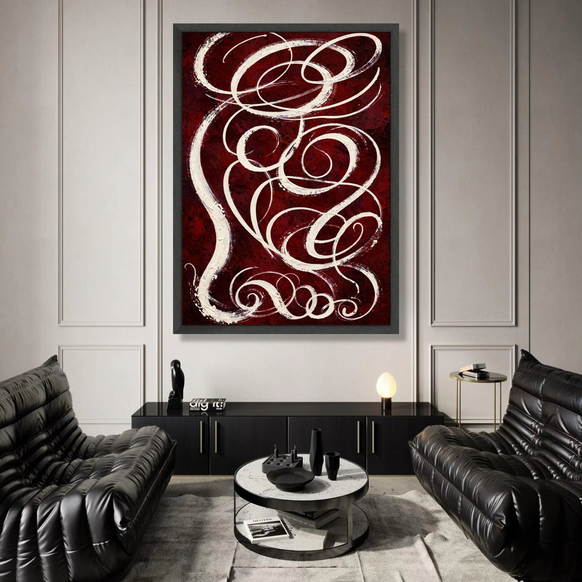 Elegant White Swirls on Burgundy Canvas, Abstract Wall Art, Modern Home Decor, Curved Line Design, Ready to Hang Canvas Canvas Print Art
