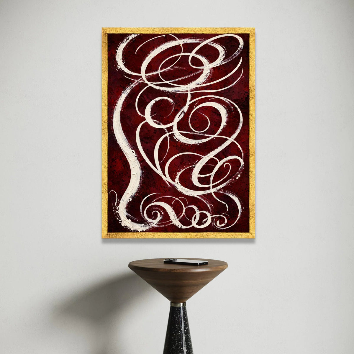 Elegant White Swirls on Burgundy Canvas, Abstract Wall Art, Modern Home Decor, Curved Line Design, Ready to Hang Canvas Canvas Print Art