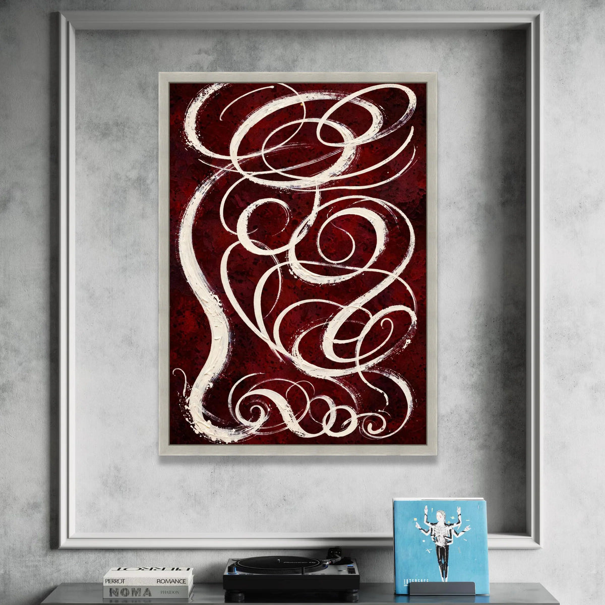 Elegant White Swirls on Burgundy Canvas, Abstract Wall Art, Modern Home Decor, Curved Line Design, Ready to Hang Canvas Canvas Print Art