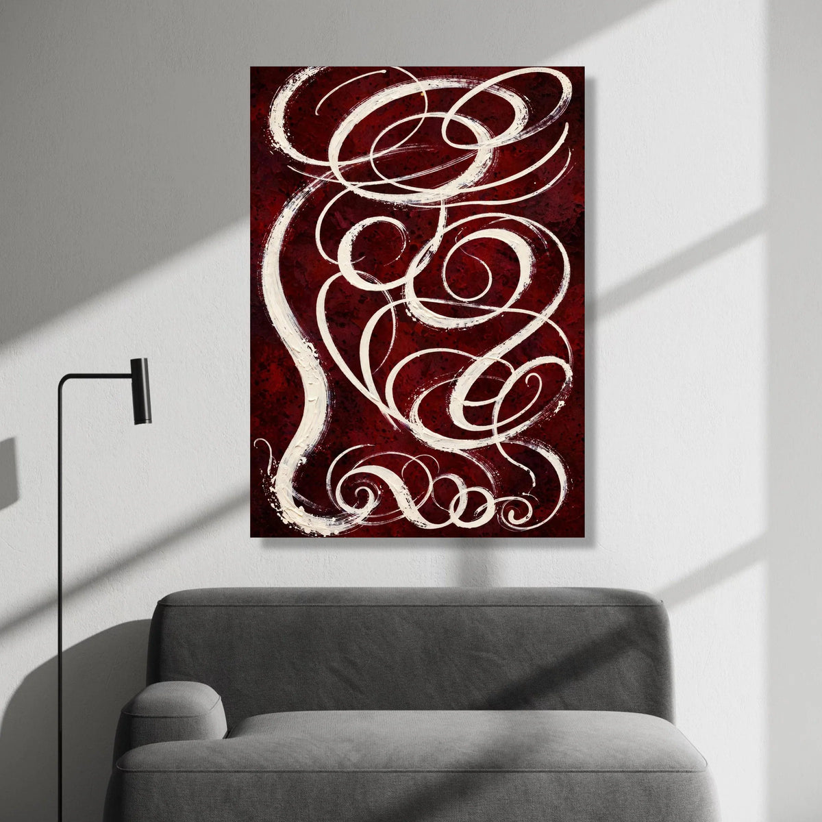 Elegant White Swirls on Burgundy Canvas, Abstract Wall Art, Modern Home Decor, Curved Line Design, Ready to Hang Canvas Canvas Print Art