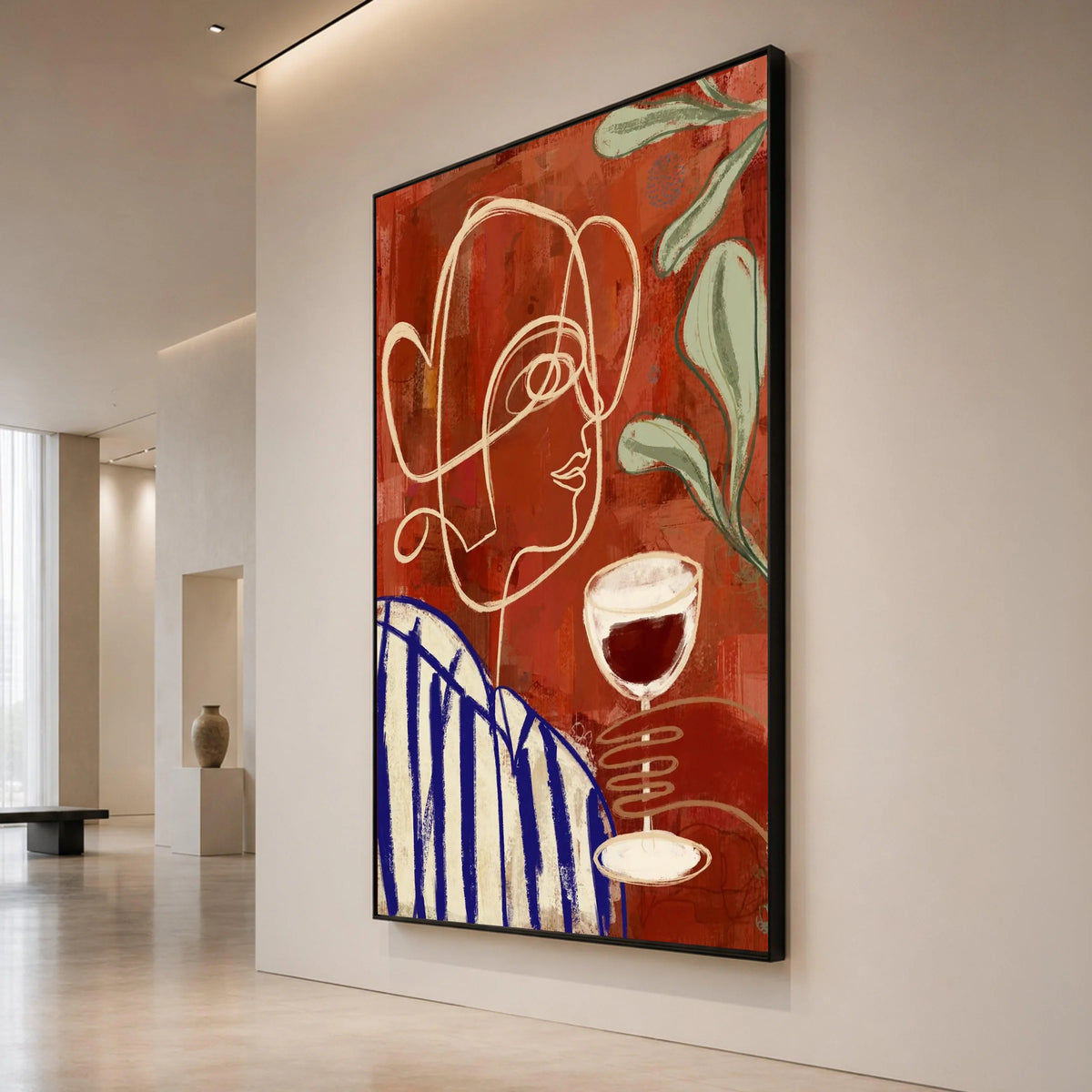 Abstract Woman with Wine Glass Canvas, Modern Line Art Portrait, Red and Blue Wall Art, Minimalist Home Decoration, Canvas Print Art