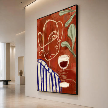 Abstract Woman with Wine Glass Canvas, Modern Line Art Portrait, Red and Blue Wall Art, Minimalist Home Decoration, Canvas Print Art