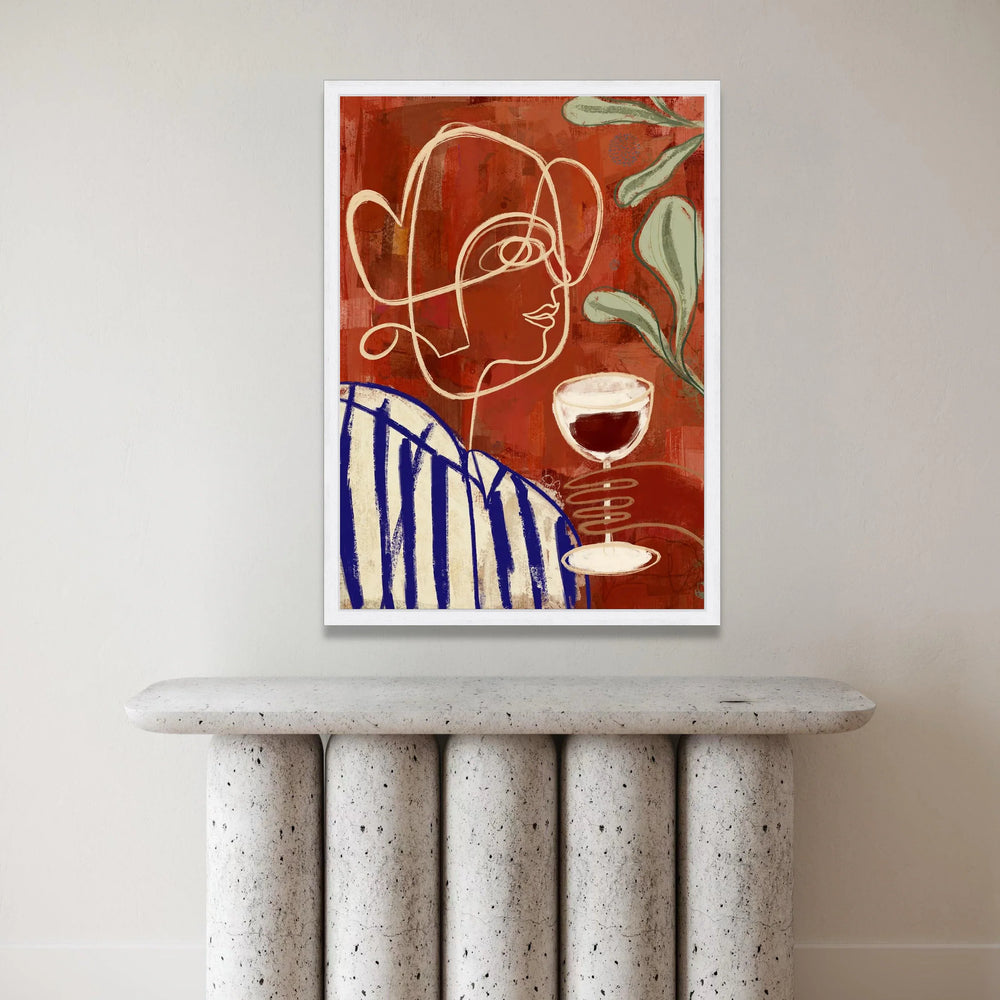 Abstract Woman with Wine Glass Canvas, Modern Line Art Portrait, Red and Blue Wall Art, Minimalist Home Decoration, Canvas Print Art