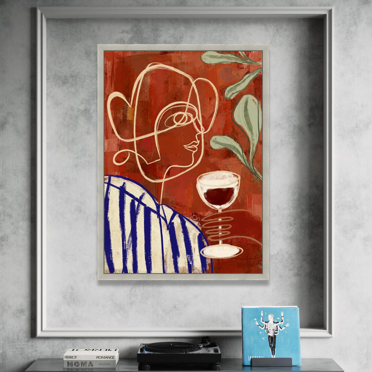 Abstract Woman with Wine Glass Canvas, Modern Line Art Portrait, Red and Blue Wall Art, Minimalist Home Decoration, Canvas Print Art