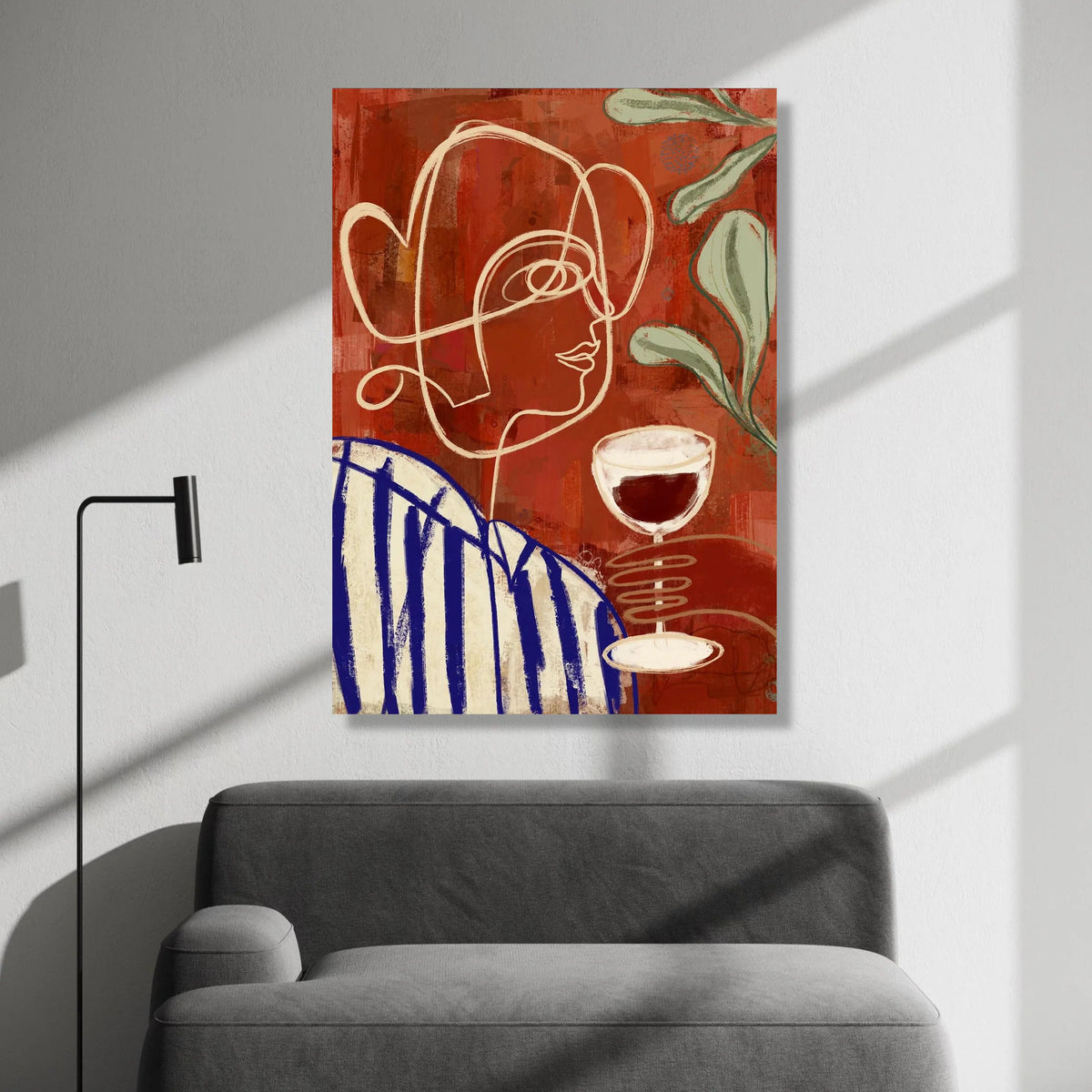 Abstract Woman with Wine Glass Canvas, Modern Line Art Portrait, Red and Blue Wall Art, Minimalist Home Decoration, Canvas Print Art