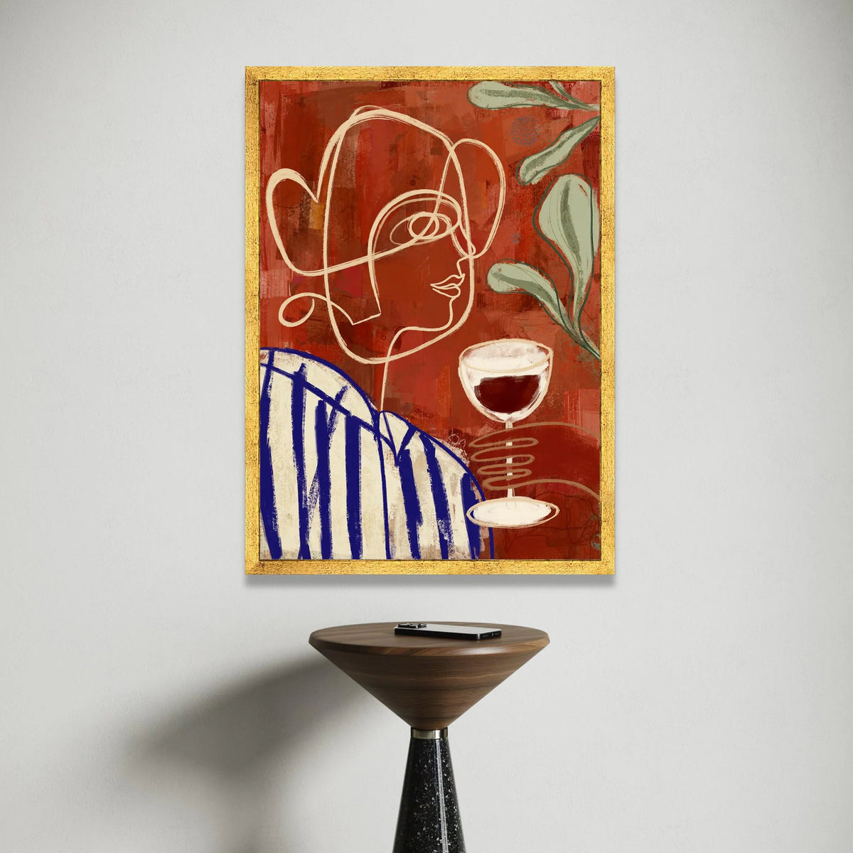 Abstract Woman with Wine Glass Canvas, Modern Line Art Portrait, Red and Blue Wall Art, Minimalist Home Decoration, Canvas Print Art