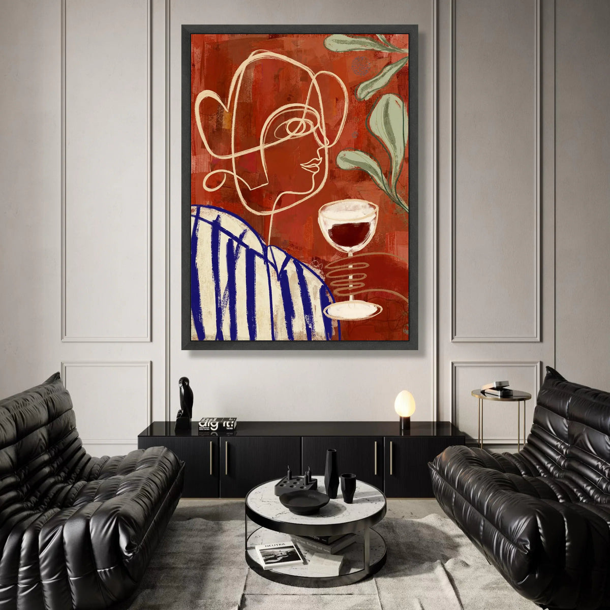 Abstract Woman with Wine Glass Canvas, Modern Line Art Portrait, Red and Blue Wall Art, Minimalist Home Decoration, Canvas Print Art