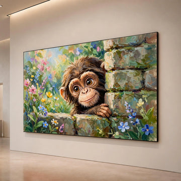 Playful Baby Monkey Canvas, Cute Animal Wall Art, Floral Garden Canvas, Nature Nursery Decoration, Ready to Hang Art Print Canvas Print Art
