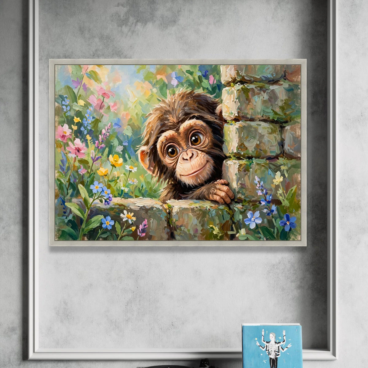 Playful Baby Monkey Canvas, Cute Animal Wall Art, Floral Garden Canvas, Nature Nursery Decoration, Ready to Hang Art Print Canvas Print Art