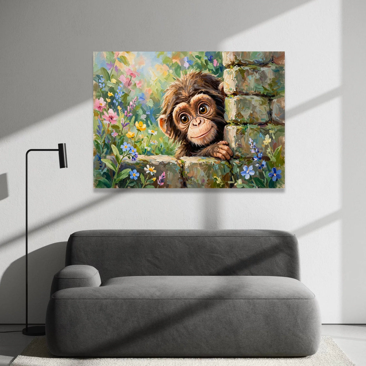 Playful Baby Monkey Canvas, Cute Animal Wall Art, Floral Garden Canvas, Nature Nursery Decoration, Ready to Hang Art Print Canvas Print Art