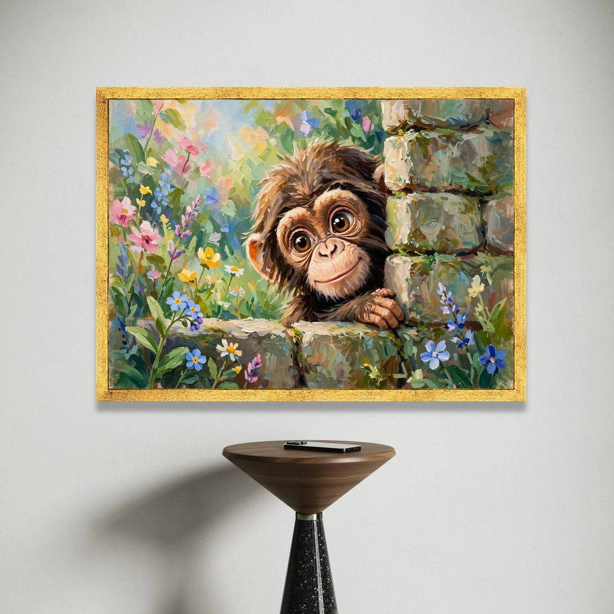 Playful Baby Monkey Canvas, Cute Animal Wall Art, Floral Garden Canvas, Nature Nursery Decoration, Ready to Hang Art Print Canvas Print Art