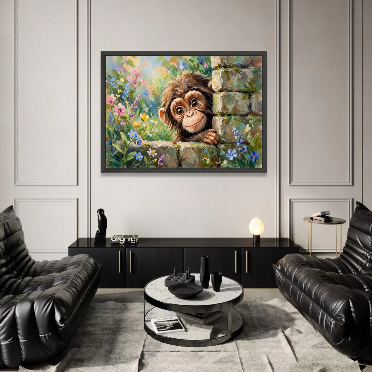 Playful Baby Monkey Canvas, Cute Animal Wall Art, Floral Garden Canvas, Nature Nursery Decoration, Ready to Hang Art Print Canvas Print Art