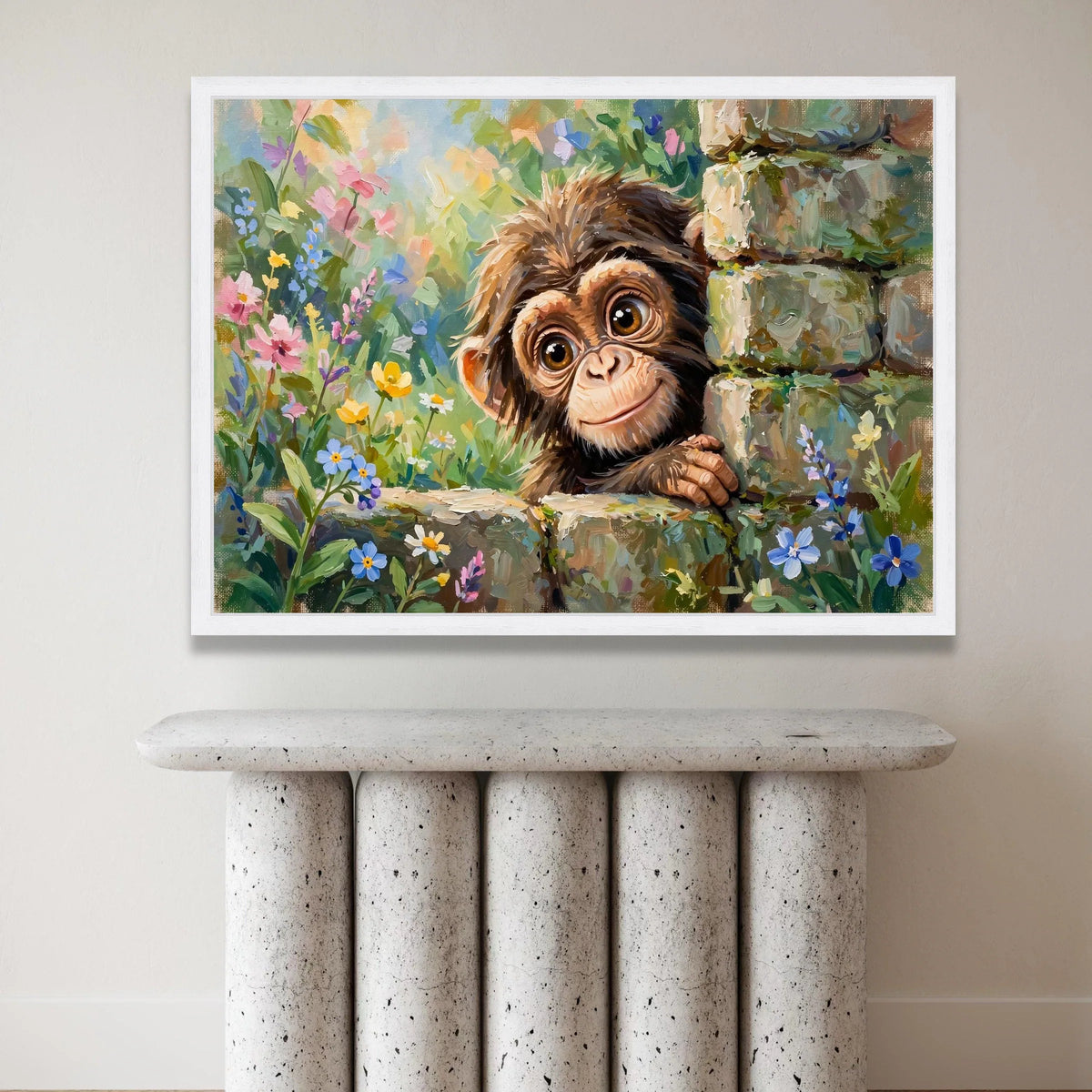 Playful Baby Monkey Canvas, Cute Animal Wall Art, Floral Garden Canvas, Nature Nursery Decoration, Ready to Hang Art Print Canvas Print Art