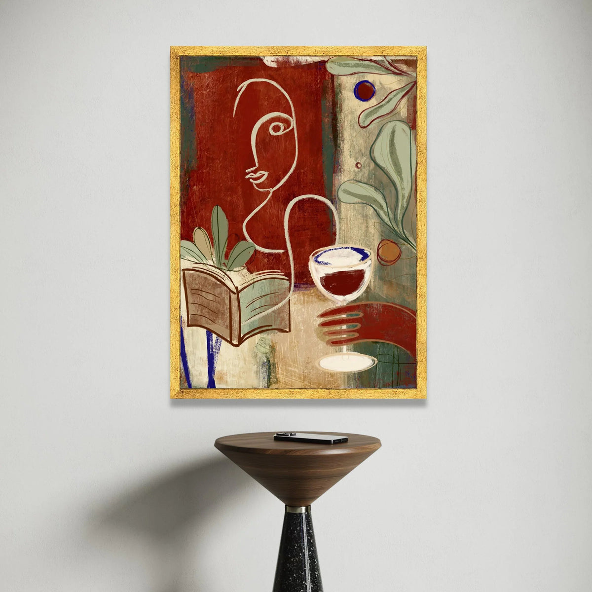 Modern Abstract Woman, Wine Glass and Book Canvas, Minimalist Line Art, Cozy Home Wall Art, Contemporary Indoor Decoration Canvas Print Art