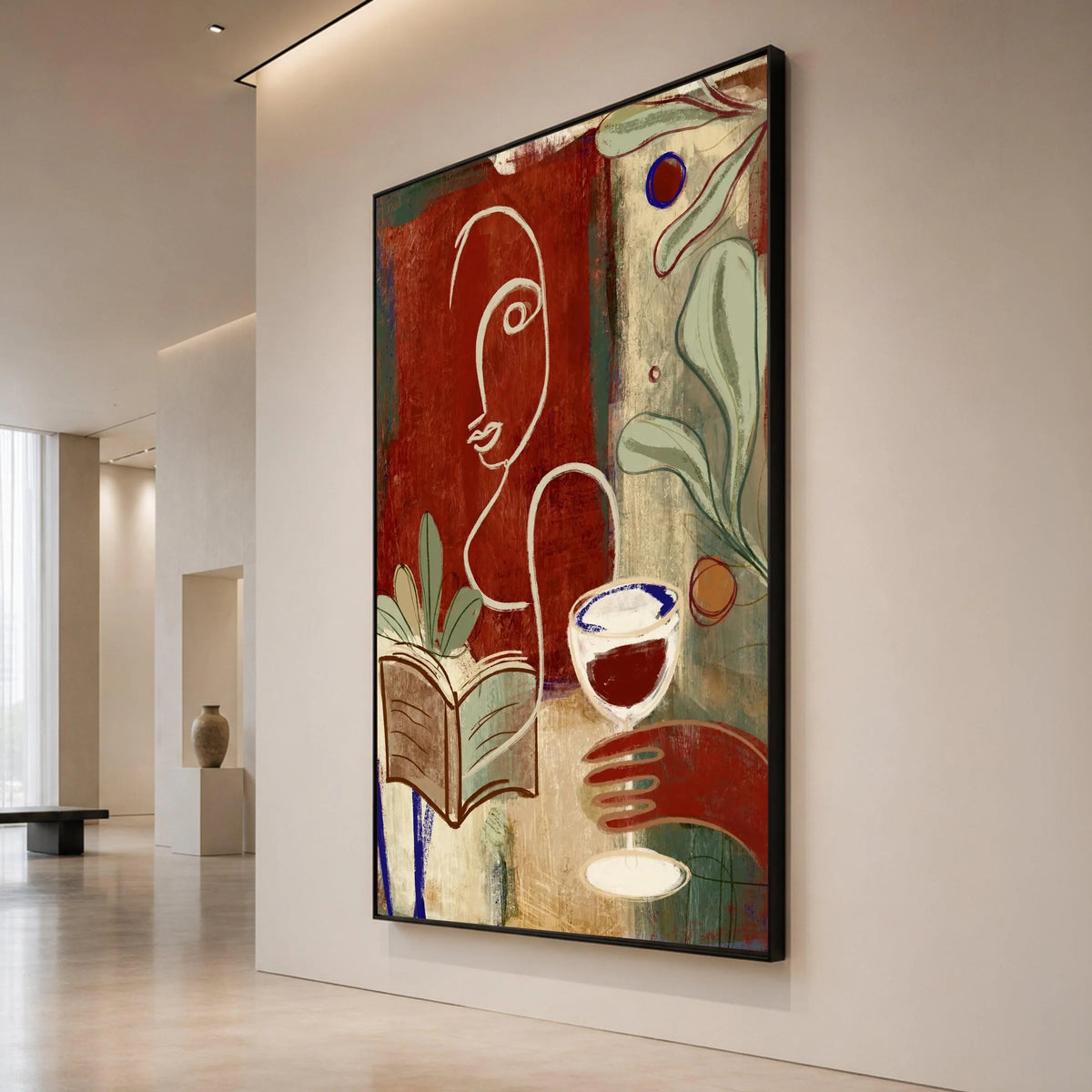 Modern Abstract Woman, Wine Glass and Book Canvas, Minimalist Line Art, Cozy Home Wall Art, Contemporary Indoor Decoration Canvas Print Art
