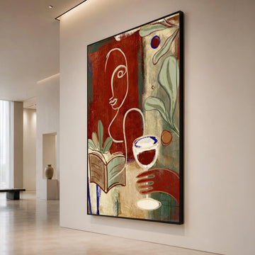Modern Abstract Woman, Wine Glass and Book Canvas, Minimalist Line Art, Cozy Home Wall Art, Contemporary Indoor Decoration Canvas Print Art