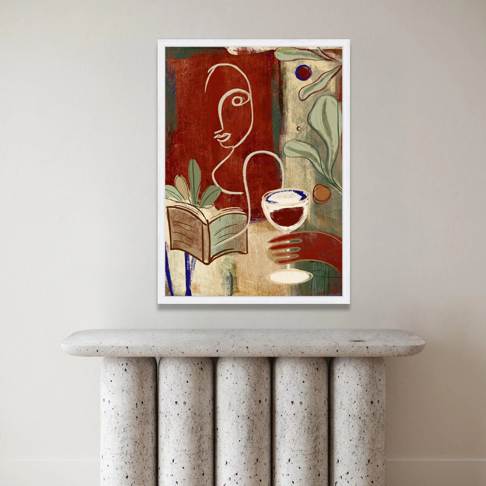 Modern Abstract Woman, Wine Glass and Book Canvas, Minimalist Line Art, Cozy Home Wall Art, Contemporary Indoor Decoration Canvas Print Art