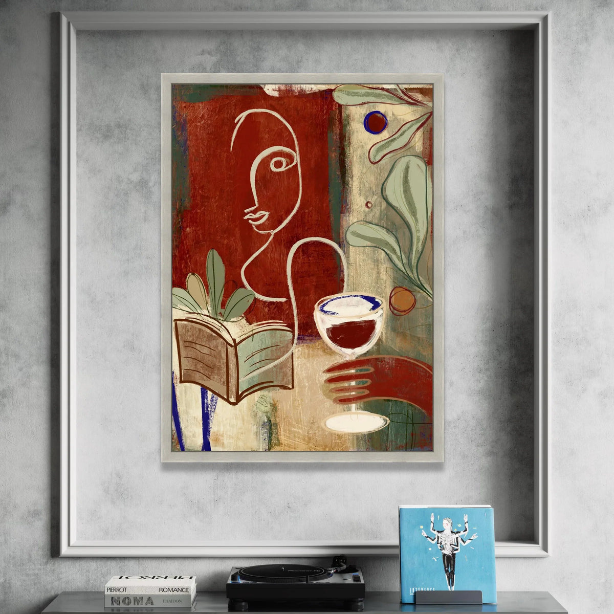 Modern Abstract Woman, Wine Glass and Book Canvas, Minimalist Line Art, Cozy Home Wall Art, Contemporary Indoor Decoration Canvas Print Art