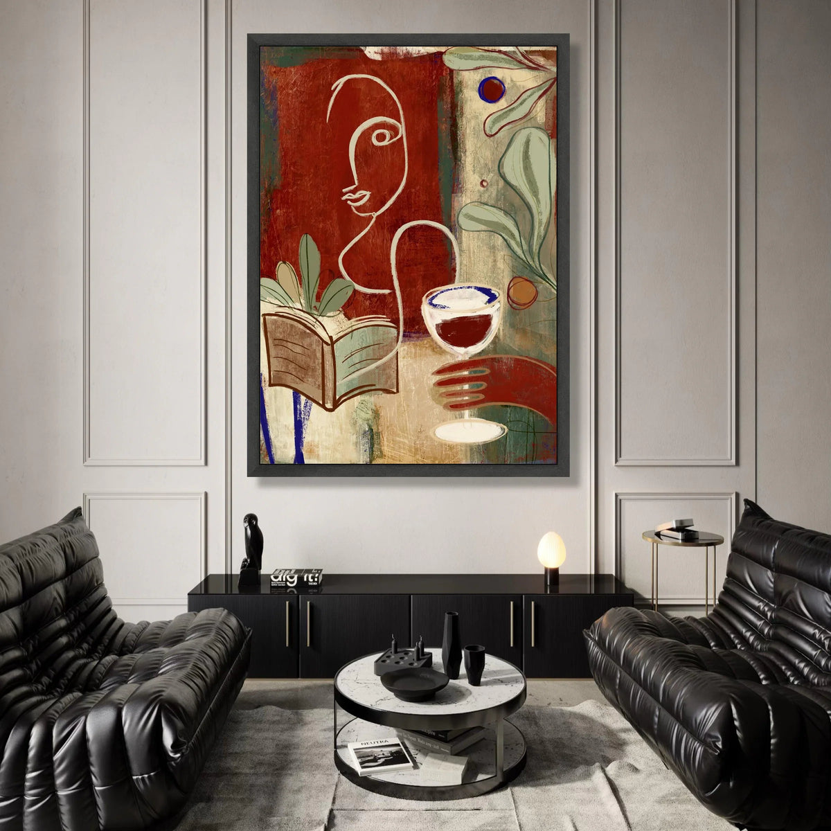 Modern Abstract Woman, Wine Glass and Book Canvas, Minimalist Line Art, Cozy Home Wall Art, Contemporary Indoor Decoration Canvas Print Art