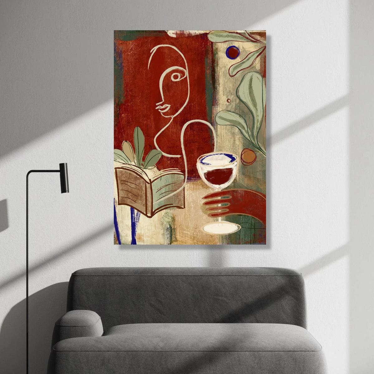 Modern Abstract Woman, Wine Glass and Book Canvas, Minimalist Line Art, Cozy Home Wall Art, Contemporary Indoor Decoration Canvas Print Art
