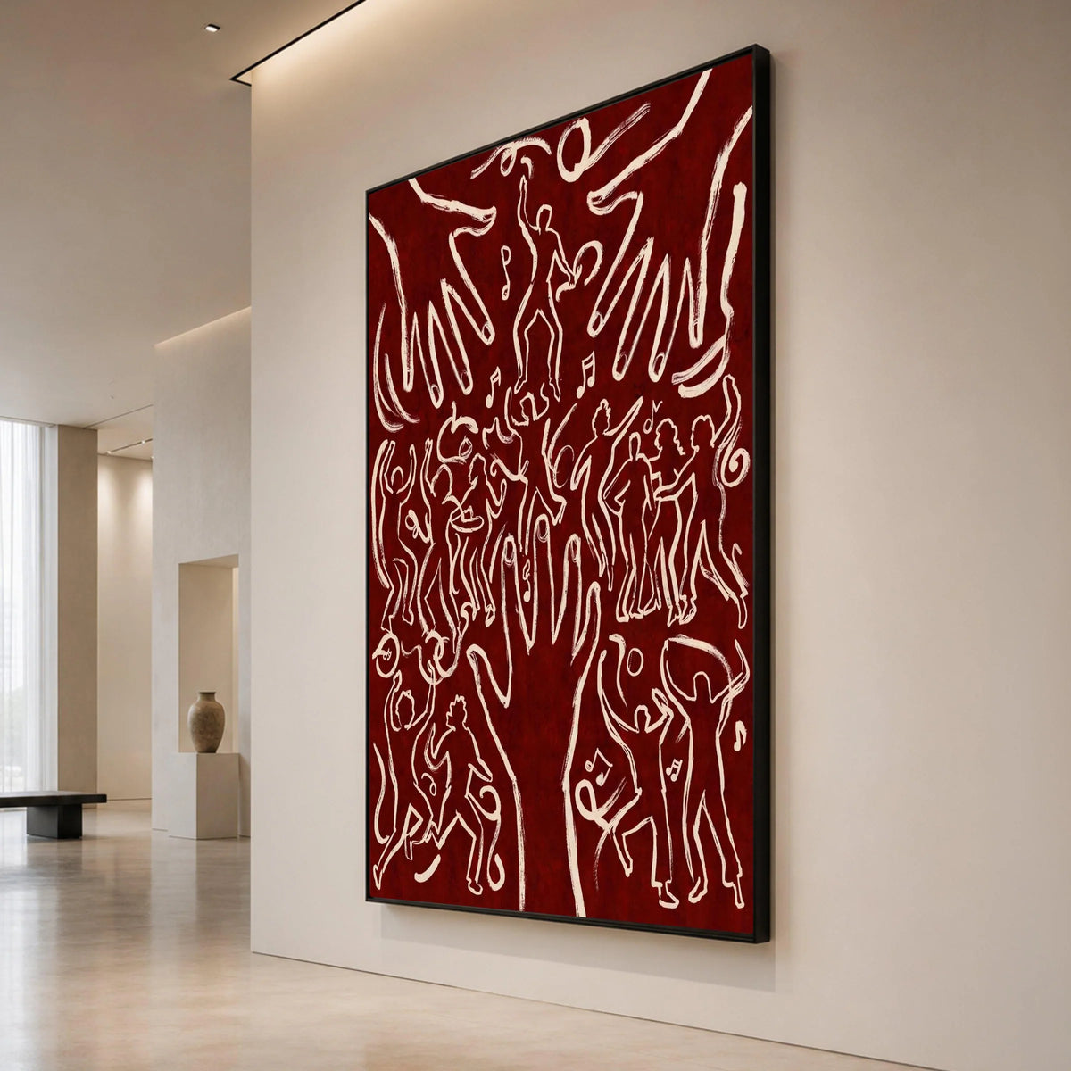 Dancing Figures with Hands, Abstract Music Canvas, Red Background Wall Art, Celebration Party Scene Canvas, Modern Home Canvas Print Art