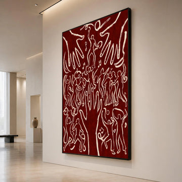 Dancing Figures with Hands, Abstract Music Canvas, Red Background Wall Art, Celebration Party Scene Canvas, Modern Home Canvas Print Art