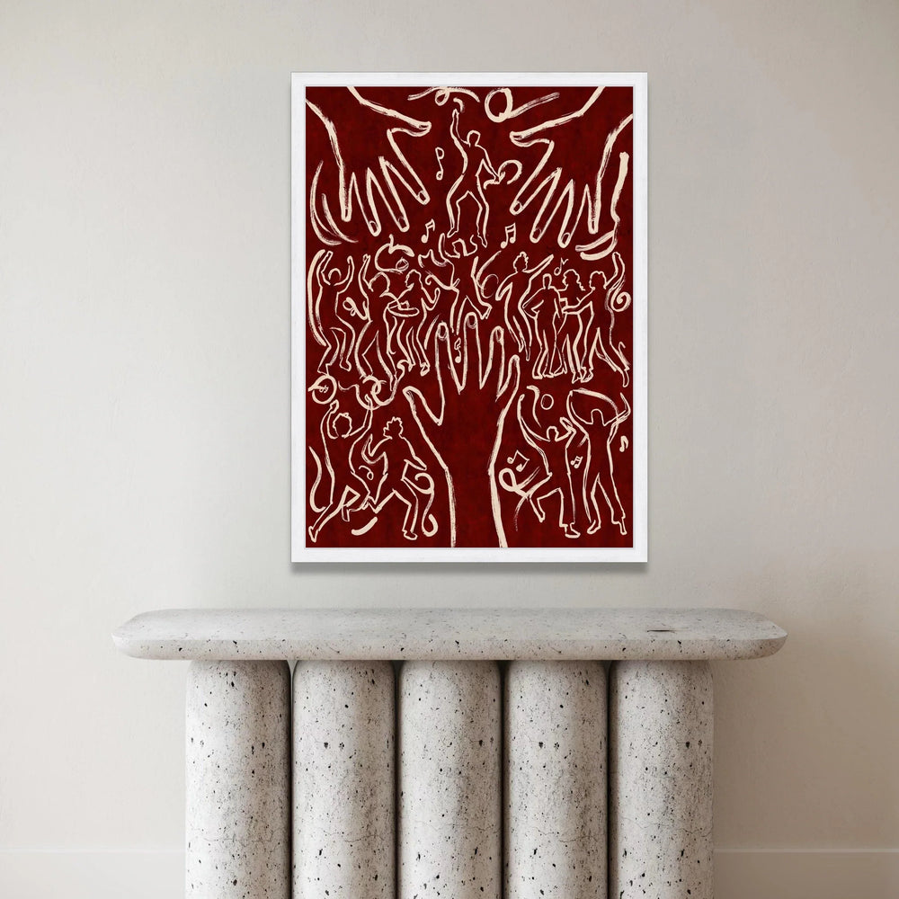 Dancing Figures with Hands, Abstract Music Canvas, Red Background Wall Art, Celebration Party Scene Canvas, Modern Home Canvas Print Art