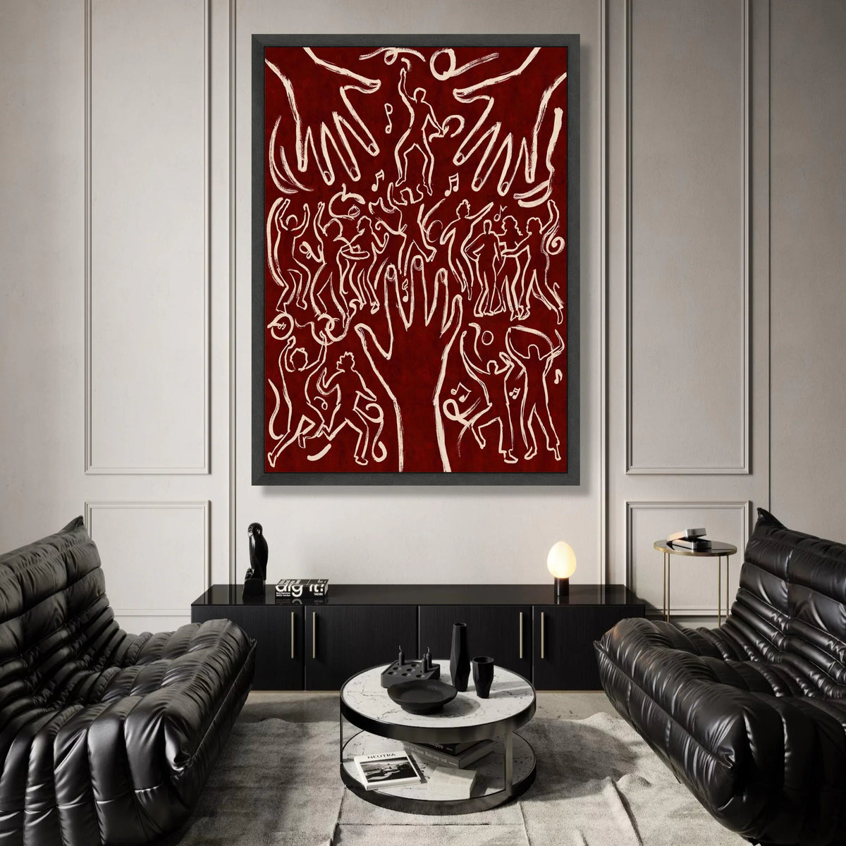 Dancing Figures with Hands, Abstract Music Canvas, Red Background Wall Art, Celebration Party Scene Canvas, Modern Home Canvas Print Art