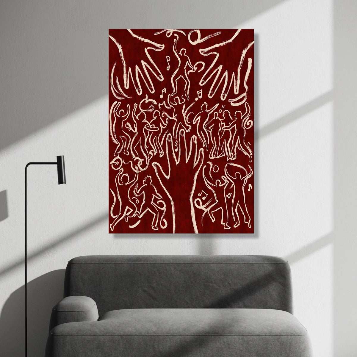 Dancing Figures with Hands, Abstract Music Canvas, Red Background Wall Art, Celebration Party Scene Canvas, Modern Home Canvas Print Art