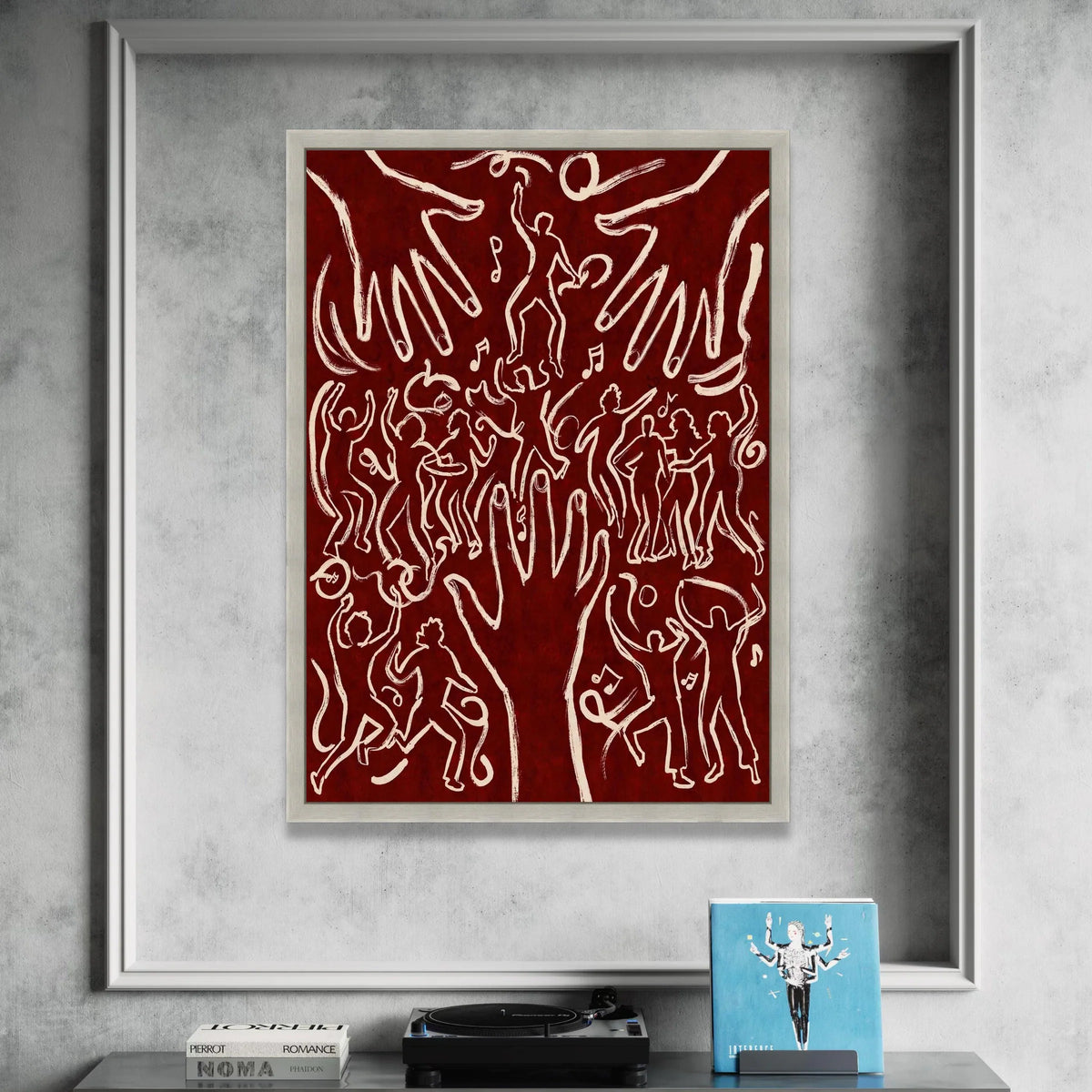 Dancing Figures with Hands, Abstract Music Canvas, Red Background Wall Art, Celebration Party Scene Canvas, Modern Home Canvas Print Art