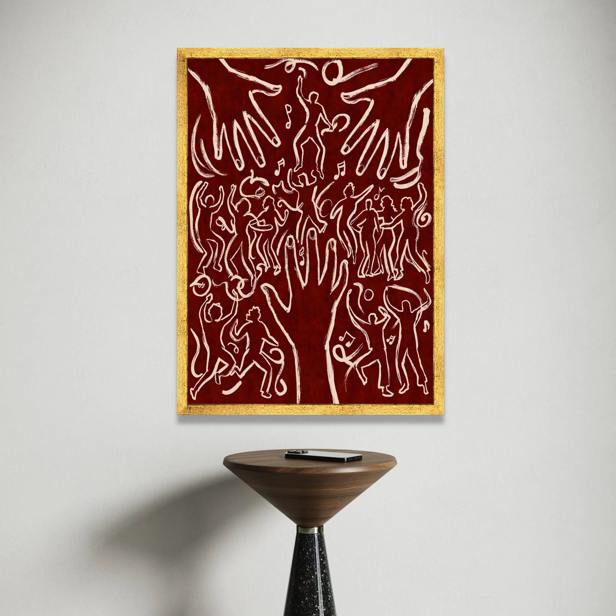Dancing Figures with Hands, Abstract Music Canvas, Red Background Wall Art, Celebration Party Scene Canvas, Modern Home Canvas Print Art