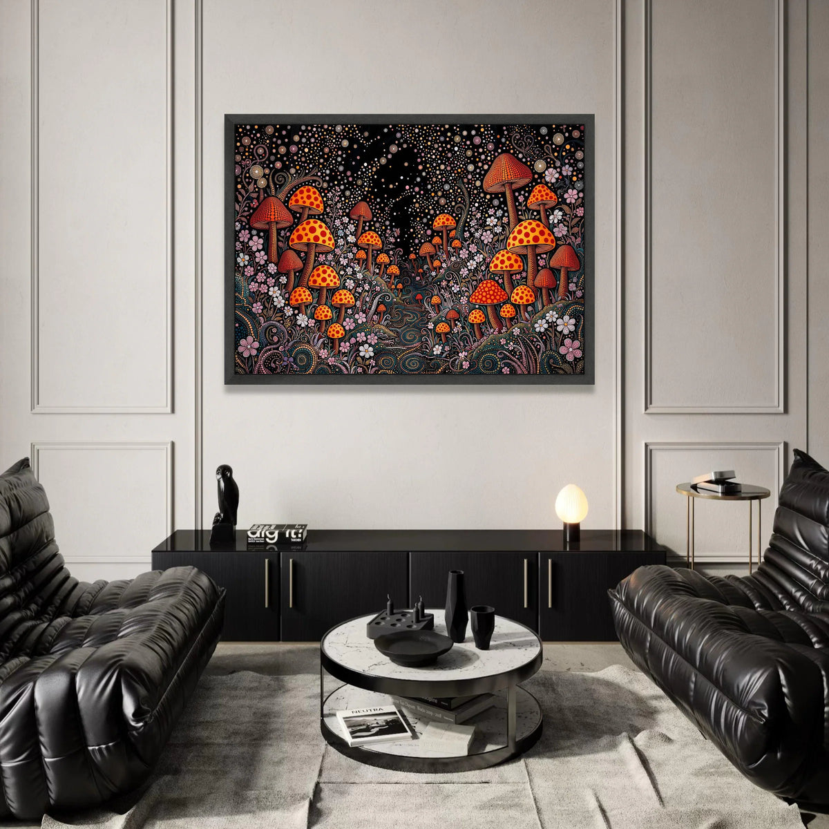 Yayoi Kusama Polka Dot Mushrooms Canvas, Psychedelic Dot Art Wall Decor, Vibrant Fantasy Garden Canvas, Abstract Floral Canvas Print Art