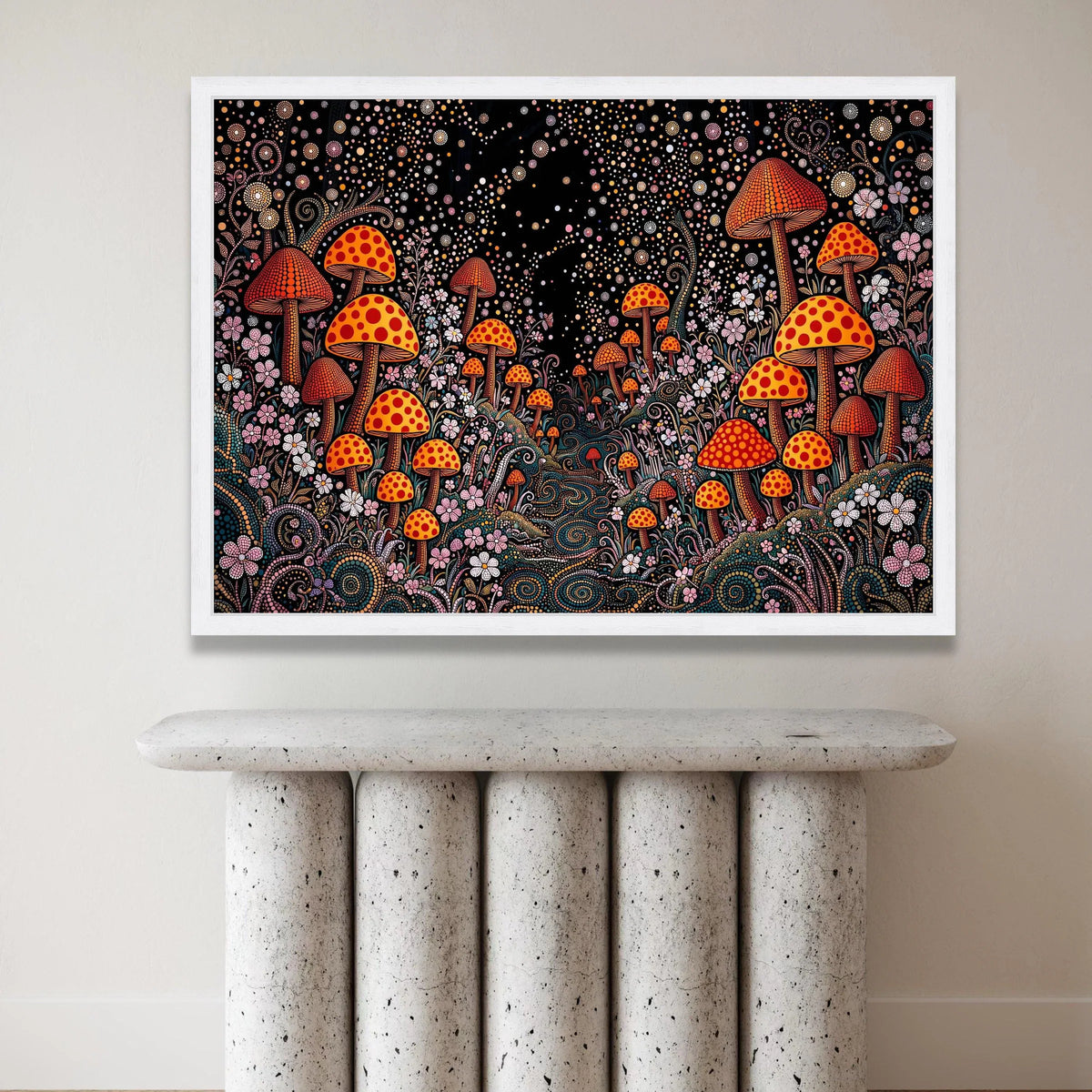 Yayoi Kusama Polka Dot Mushrooms Canvas, Psychedelic Dot Art Wall Decor, Vibrant Fantasy Garden Canvas, Abstract Floral Canvas Print Art