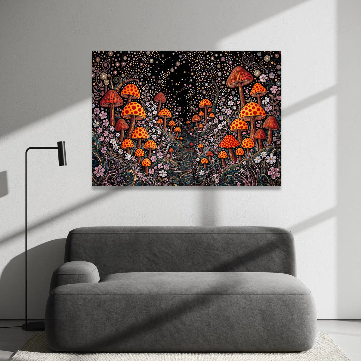 Yayoi Kusama Polka Dot Mushrooms Canvas, Psychedelic Dot Art Wall Decor, Vibrant Fantasy Garden Canvas, Abstract Floral Canvas Print Art