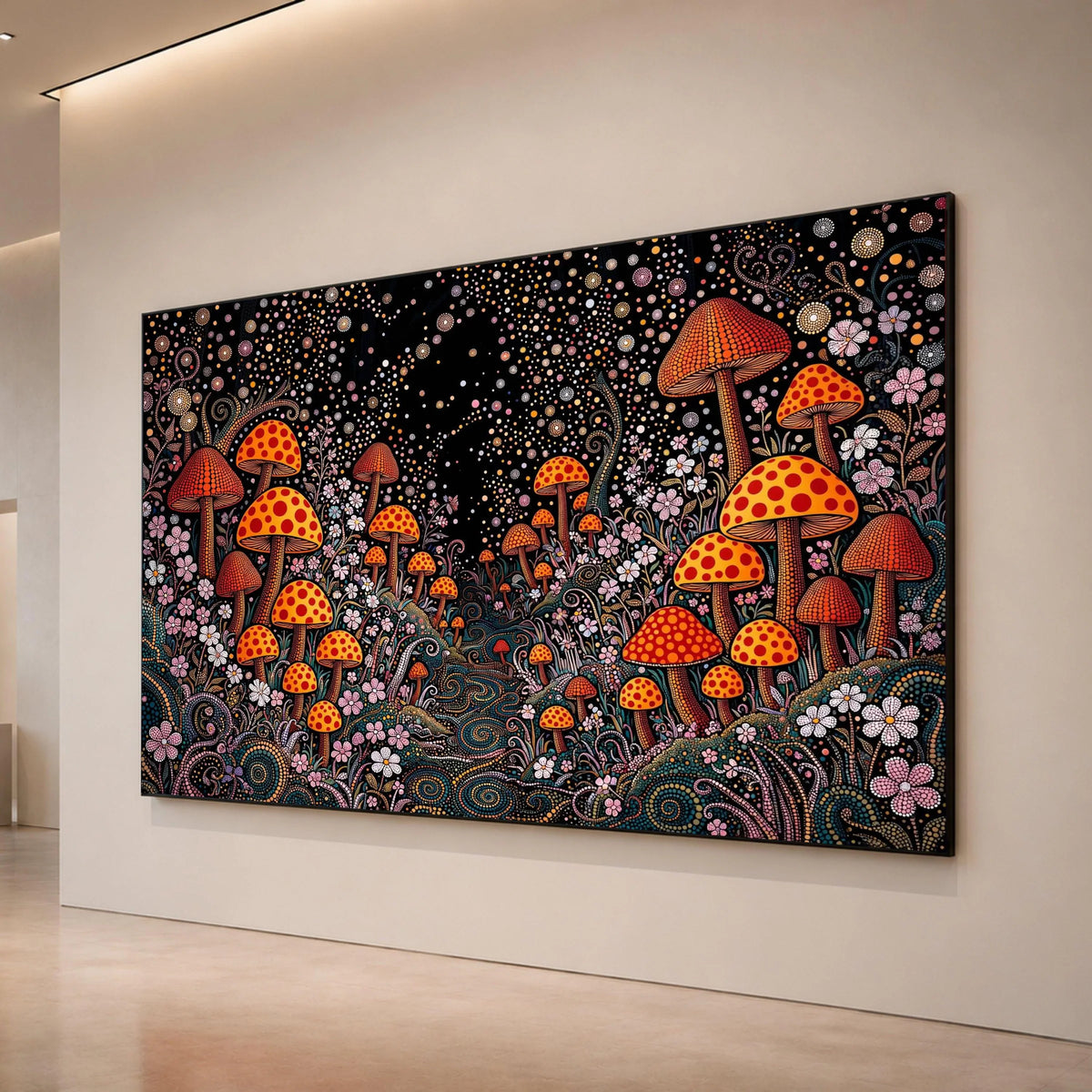 Yayoi Kusama Polka Dot Mushrooms Canvas, Psychedelic Dot Art Wall Decor, Vibrant Fantasy Garden Canvas, Abstract Floral Canvas Print Art